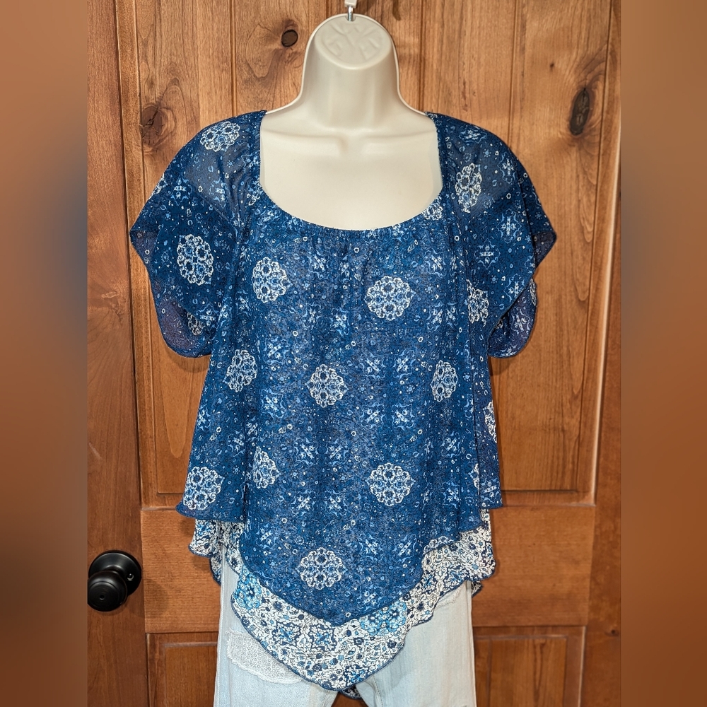 Charlotte Russe Navy and White Patterned Blouse